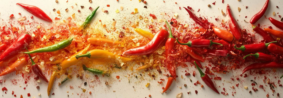 Unterschiedliche Chilisorten auf weißem Tisch