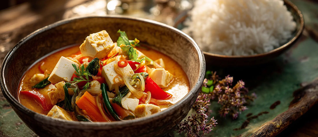 Kokos-Curry Gericht in Schüssel auf Tisch serviert